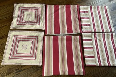 (6) Coordinating Pottery Barn Red/Tan Farmhouse Sq Throw Pillow Covers Linen - Image 1 of 4