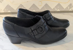 Clarks Bendables Womens Size 8 M Black Leather Heeled Loafers Shoes Zipper - Picture 1 of 11