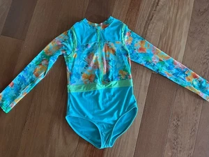 Athleta Rash Guard Swimsuit Girls Aqua/Blue Floral Mock Neck One-Piece; XXL 16 - Picture 1 of 8