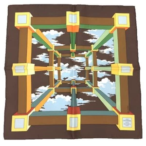 HERMES Scarf Petit Carre 45cm A.M. CASSANDRE 100% Silk Brown Yellow Multi R0214 - Picture 1 of 3