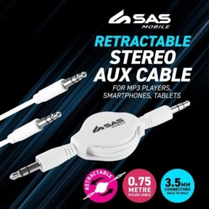 Retractable AUX Cable Stereo Audio 3.5mm Input Male Extension Auxiliary Car Cord - Picture 1 of 4