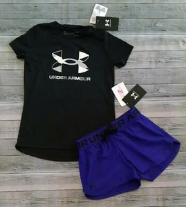 New! Girl's Under Armour Black/Purple Tee and Shorts Outfit S M L - Picture 1 of 3