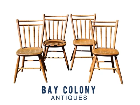 19TH C ANTIQUE SET OF 4 COUNTRY PRIMITIVE BAMBOO CARVED BIRD CAGE WINDSOR CHAIRS Cover