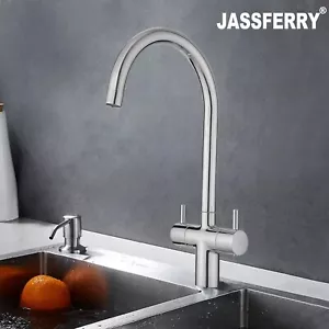 JASSFERRY Kitchen Sink Mixer Tap Monobloc Twin Dial Lever Swan Neck Swivel Spout - Picture 1 of 9