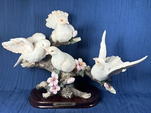 Meerchi 4 White Porcelain Dove Birds Flowers Wood Base 8" x 10" Sculpture VTG - Picture 1 of 13