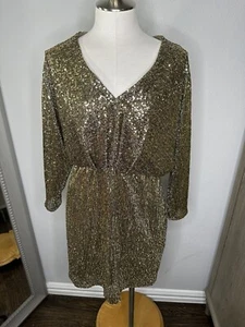 Trina Turk Sequins Mini Dress Womens 6 Gold V-Neck Dolman 3/4 Sleeve Party Small - Picture 1 of 6