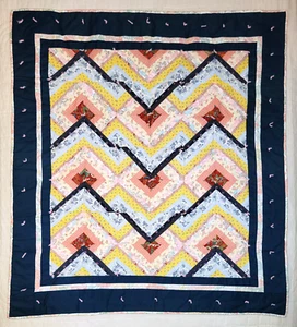 Vintage Finished Quilt Hand Stitched and Signed Blue Pink Yellow, 54" x 48" 1994 - Picture 1 of 5