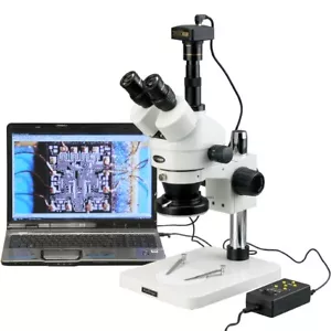 AmScope 3.5X-90X Zoom Stereo Microscope + 4-Zone 144-LED + 8MP Camera - Picture 1 of 8