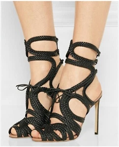 FRANCESCO RUSSO Braided Leather Tie-Back Sandal in BLACK Size 39.5 - Picture 1 of 6