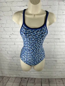 Dolfin Blue White Geometric Backless Racerback One Piece Competition Swimsuit 30 - Picture 1 of 8