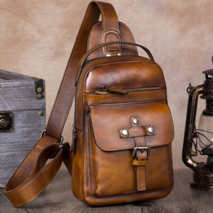 Genuine Leather Sling Bag for Men Women Retro Sling Backpack Purse Crossbody Bag - Picture 1 of 13