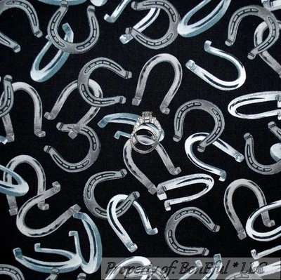 BonEful Fabric FQ Cotton Quilt Black Gray Silver Large LUCKY HORSE SHOE VTG Girl - Image 1 of 4