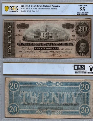 $20 1864 Confederate States of America T-67 Series 5 PCGS 55 AU - Image 1 of 2