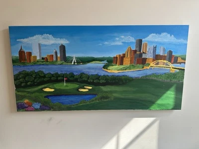 18x36 акрил на холсте - городской пейзаж картина Бостон и Питтсбург - пейзаж для гольфа - Изображение 1 из 2