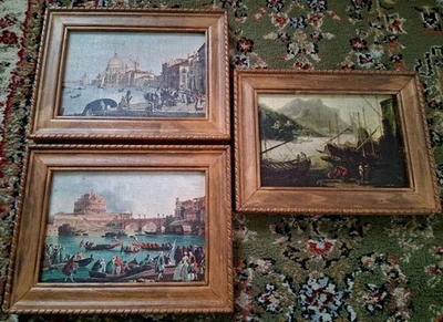 Винтажный набор из 3 ~ Vernet игры на террасе + Италии пейзаж в рамке холсты ~ редкая - Изображение 1 из 4