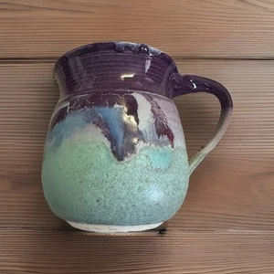 Hand Made Studio Pottery Mug- Drip Glaze Purple/Aqua Signed Artisan Ceramic Cup - Picture 1 of 5
