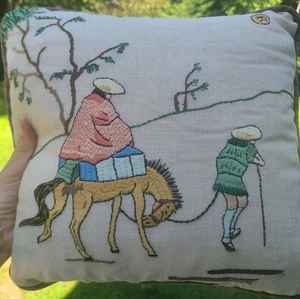 RARE Vintage Silk Emboidered Pillow 12" X 12" Bright Colors Donkey Men Desert - Picture 1 of 7