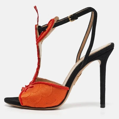 Charlotte Olympia OrangeBlack Fabric and Suede Ankle Strap Sandals Size 35 - Imagem 1 de 4