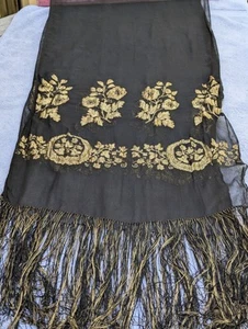 ANTIQUE EARLY 1920s BLACK SILK GOLD LAME SHAWL LONG FRINGE FLAPPER 19"X99" EUC - Picture 1 of 18