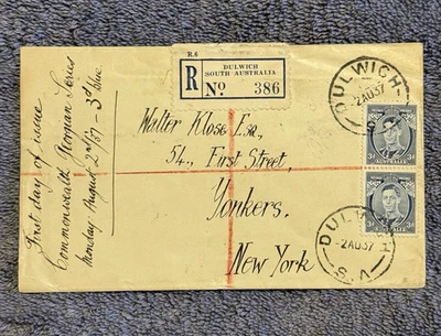 1937 Australia Registered Cover to USA • Dulwich SA 2 AU 37 • Pair 3½d KGVI • FD - Image 1 of 4