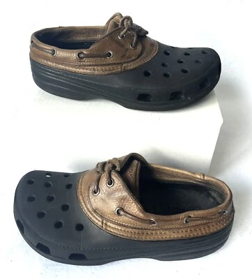 Crocs Islander Pitcrew Boat Shoes Clogs Brown Tan Leather Black Men's 7 Womens 9 - Image 1 of 4