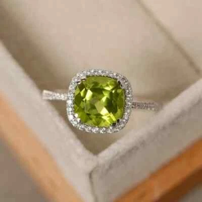 2.30 Ct Natural Peridot & Diamond Valentine's Day Ring 14K Real White Gold solid - Image 1 of 4