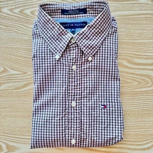 Camicia Tommy Hilfiger XL uomo viola bianca 27" pit-to-pit manica corta con bottoni - Foto 1 di 9