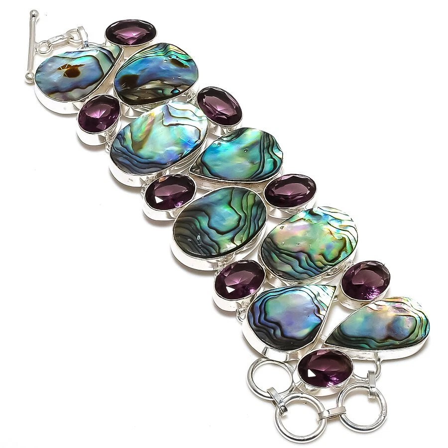 Joia Abalone Shell ametista quartzo pedra preciosa folheada a prata 7-9" - Imagem 1 de 1