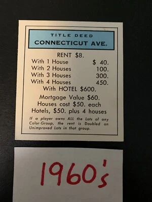 Monopoly  VINTAGE   1960s   CONNECTICUT AVE  Title Deed Card   PARKER BROTHERS - Image 1 of 4