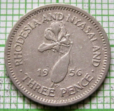 RHODESIA & NYASALAND ELIZABETH II 1956 3 PENCE THREEPENCE, FLAME LILY FLOWER - Image 1 of 4