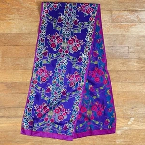 Vintage Floral Silk Scarf 1980s Bill Blass Jewel Tone Metallic Silver Neckscarf - Picture 1 of 4