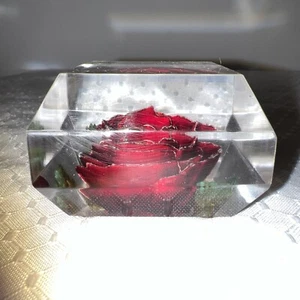 Vintage geometric Lucite rose paperweight hand carved & colored Bircraft - Picture 1 of 6