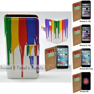 For Apple iPhone Series - Rainbow Paint Flip Wallet Mobile Phone Case Cover - Picture 1 of 3