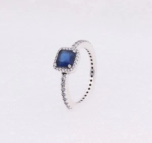 Size 7/54 Authentic PANDORA Blue Square Sparkle Halo Silver Ring 198863C02 w/BOX - Picture 1 of 6