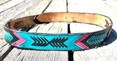 Vintage Rodeo Cowboy Belt Turquoise Pink Black Leather Laced - Image 1 of 3