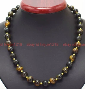 Natural 8/10/12mm Yellow Blue Tiger's Eye Round Gemstone Beads Necklace 18-36" - Picture 1 of 12