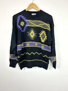 Vintage Black Multicolour Navajo Aztec Embroidered Wool Jumper Sweater S M - Picture 1 of 11