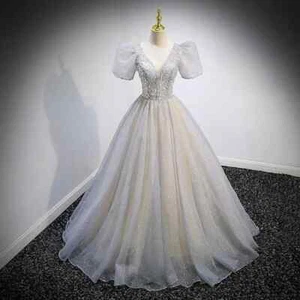 Shiny Ball Gown Women Evening Dresses Sequins Puff Sleeves Prom Birthday Gowns - Picture 1 of 6