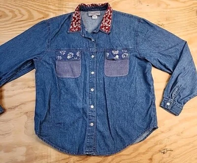 Stonebridge Blue Cotton Denim Floral Trim Long Sleeve Shirt Womens Large - Imagem 1 de 4