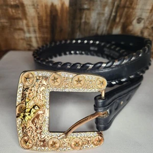 Horse Rodeo Western Belt Cowgirl Leather Whip Stitch Large Rhinestone Buckle 34 - Picture 1 of 9