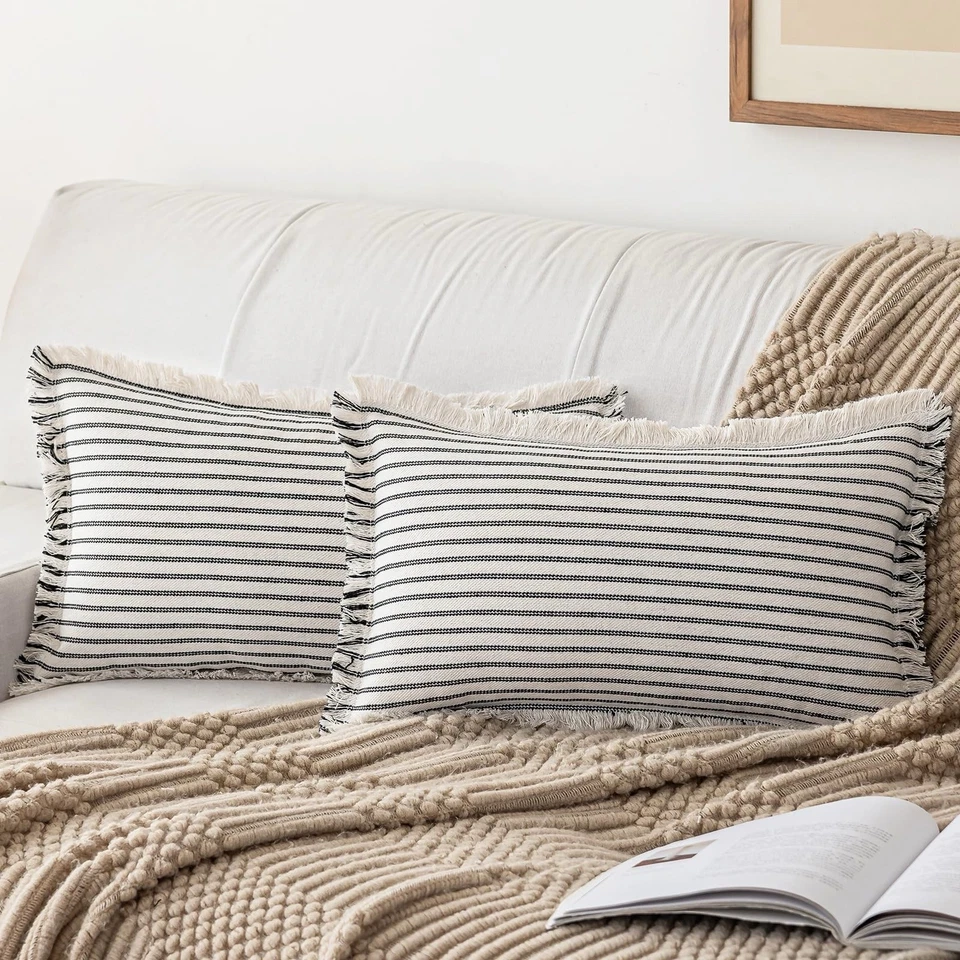 2件套黑色条纹农舍枕套12x20波西米亚流苏 — 第 1/1 张图片