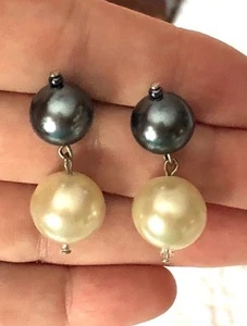 Vintage grau & elfenbein simulierte Perlen Ohrhänger - Bild 1 von 16