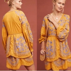 Abito donna Anthropologie senape oro lisette ricamato taglia XS cotone boho - Foto 1 di 16