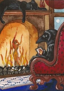 IMPRESIÓN ACEO DE PINTURA RYTA FOLK GÓTICO CUERVO CUERVO NEGRO GATO HALLOWEEN ARTE BRUJA - Imagen 1 de 1