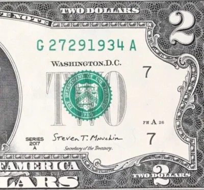 G 2729 1934 A : TRAILING YEAR 1934 $2 Two Dollar Bill Serial Number - Image 1 of 3
