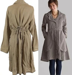 Cynthia Ashby Tan Apron Pockets Coat L fit XL? Linen Jacket, Back Drawstring USA - Picture 1 of 11