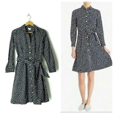 J Crew Vestido Manga Larga Botón Talla 0 Cintura Corbata Azul Marino Blanco Lindas Flores Foto 1 de 4