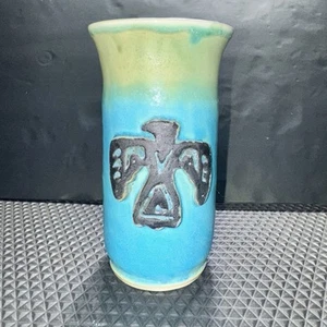 Studio Art Pottery 7” Vase - Blue & Green Native American Style Eagle - Signed - Picture 1 of 13