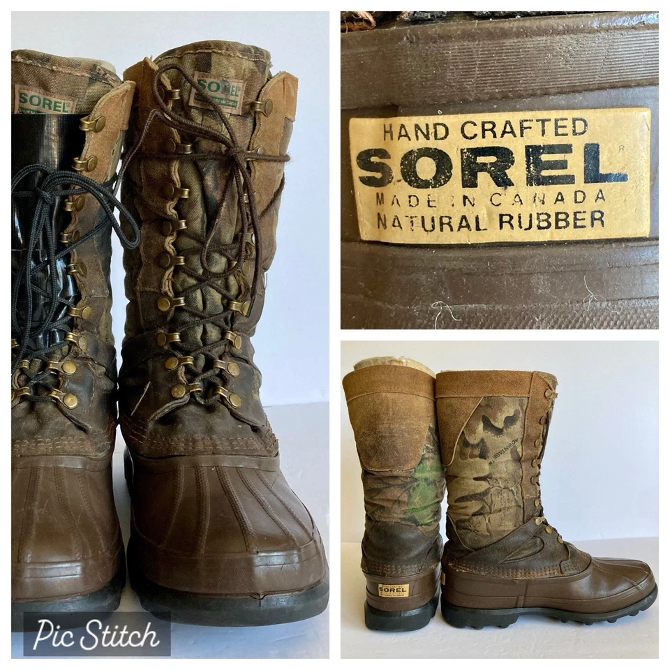 复古 Sorel Kaufman 系带狩猎靴 加拿大皮革迷彩 Upper Duck 男式 8 FLAW — 第 1/4 张图片