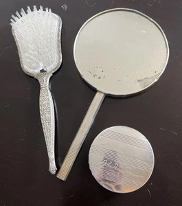 Vintage Silver Color Vanity Set: Mirror, Brush & 2 Powder Jars Detachable Brush - Picture 1 of 10